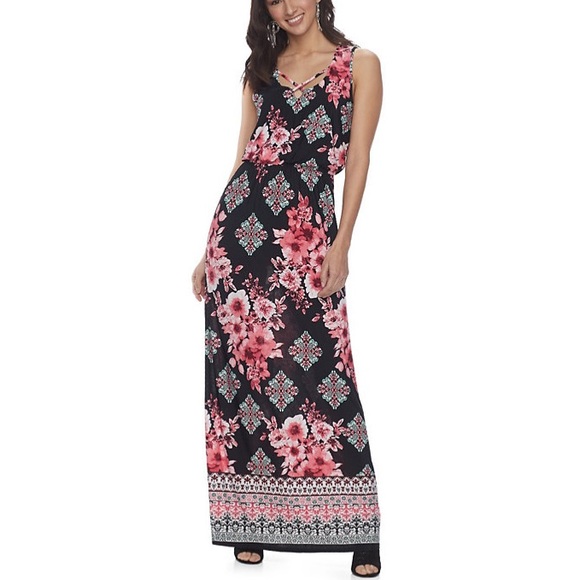 THREE PINK HEARTS FLORAL MAXI DRESS SIZE 2X - Picture 1 of 14